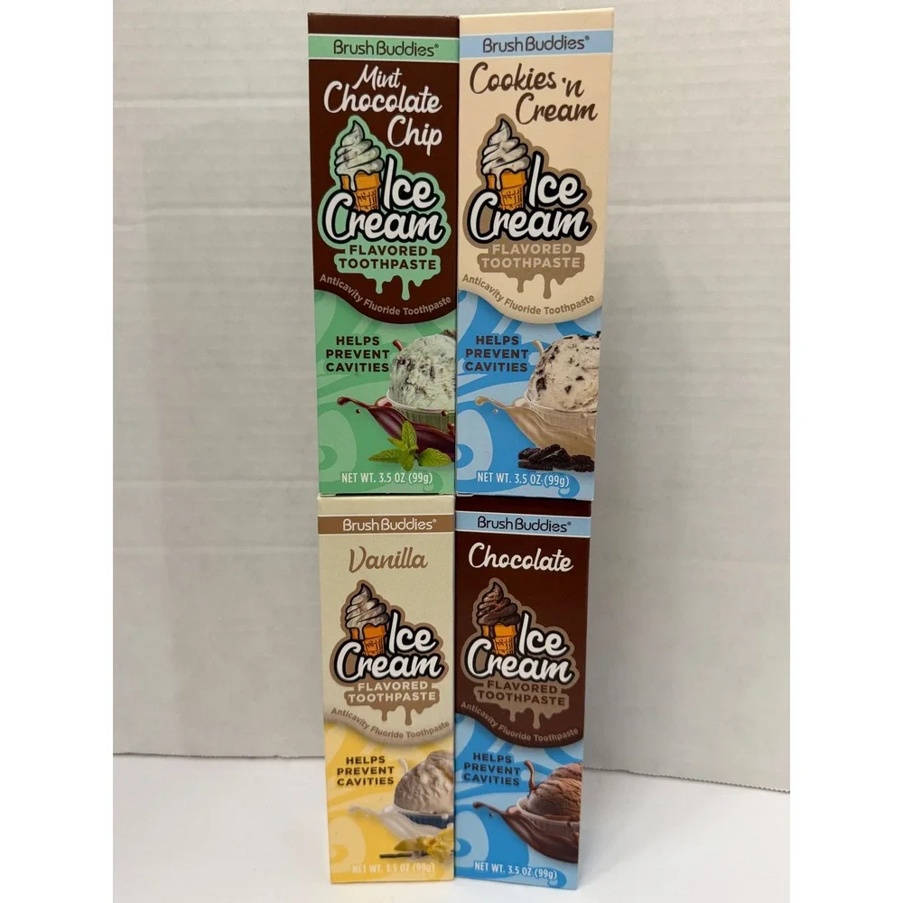 Brush Buddies Ice Cream Flavored Toothpaste 4 Pk Mint Cookies Vanilla Chocolate